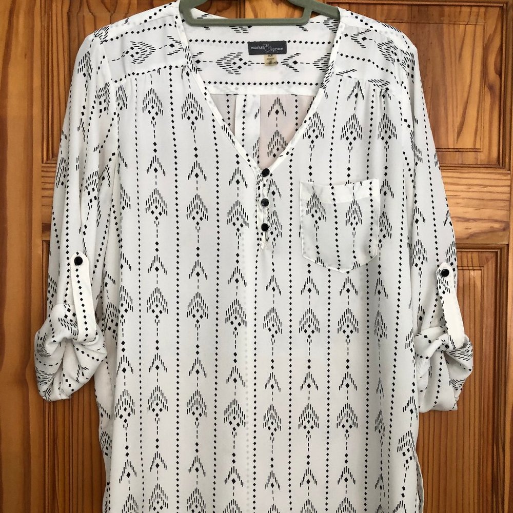 Rolled-sleeve black and ivory blouse